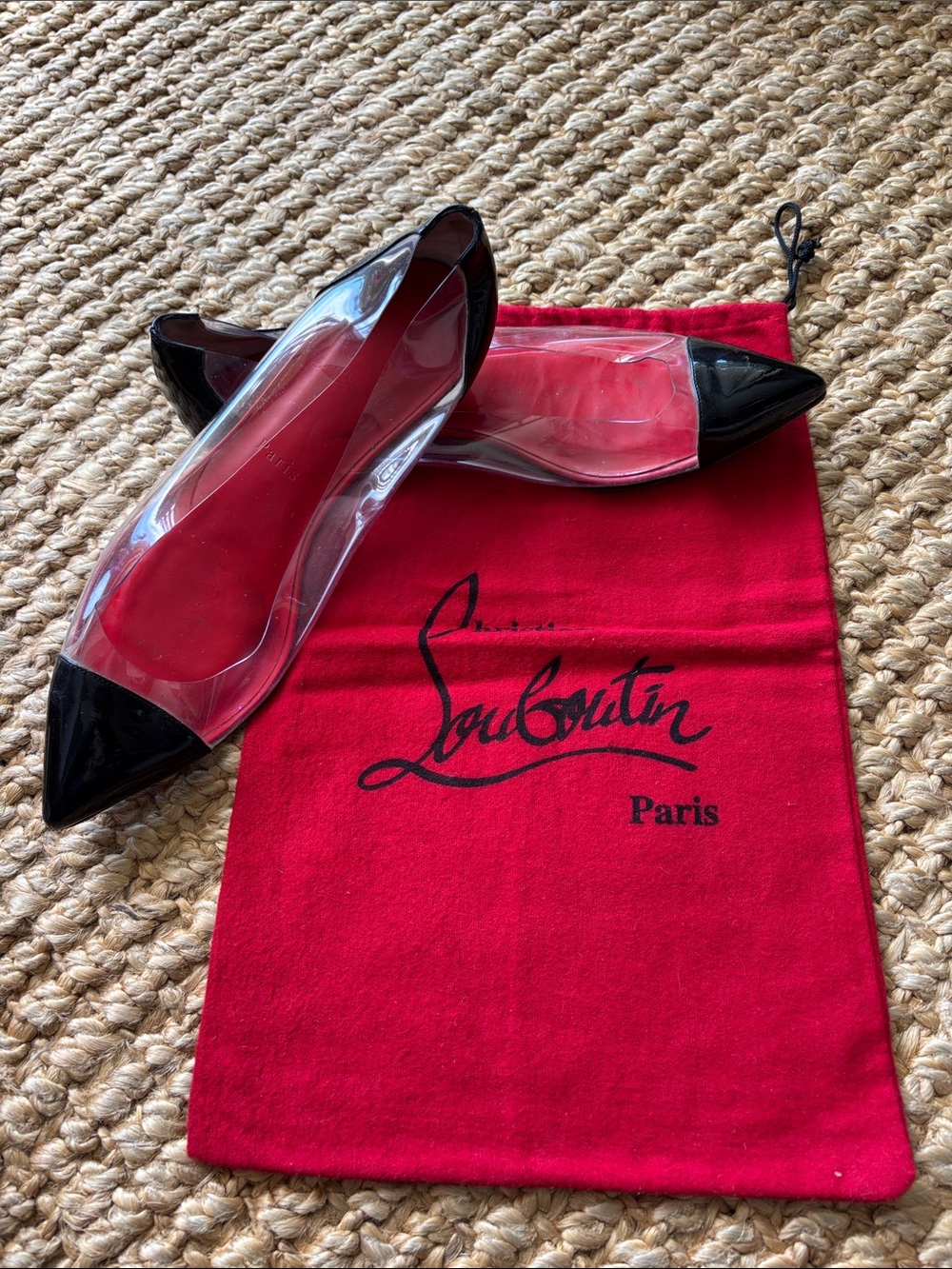 Christian Louboutin Clear PVC Pointed-Toe Flats with Black Patent Cap Toe 39.5